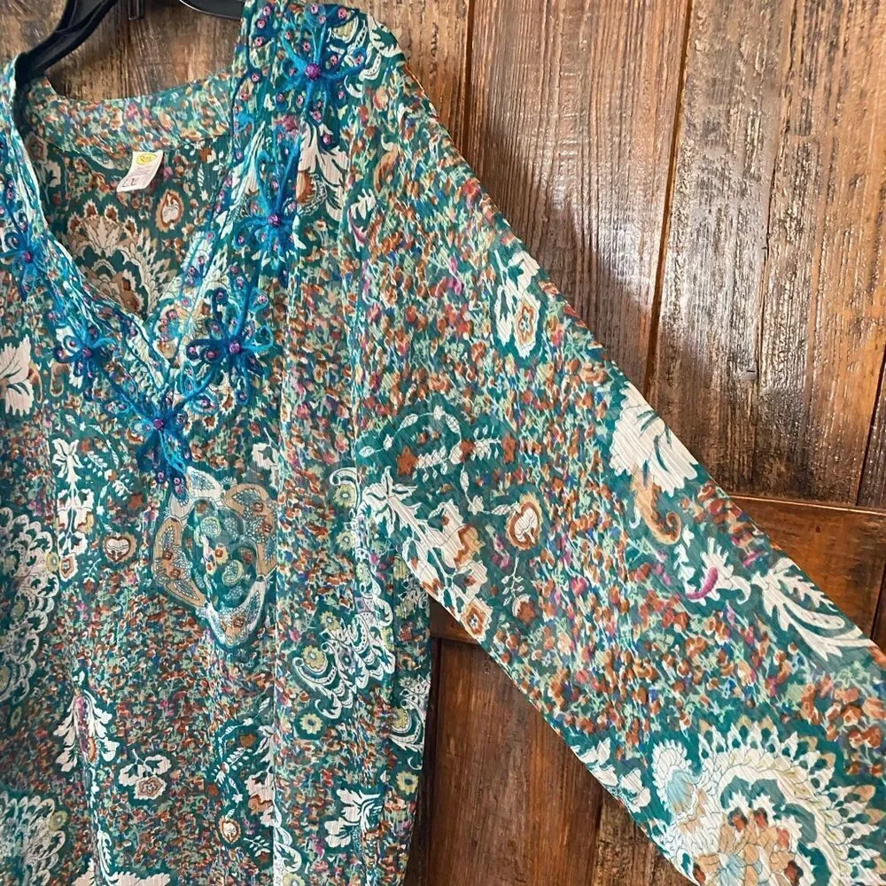 Rima Sz L/XL Teal Green Paisley Floral Sheer Embroidered Collar Beach Swim Cover